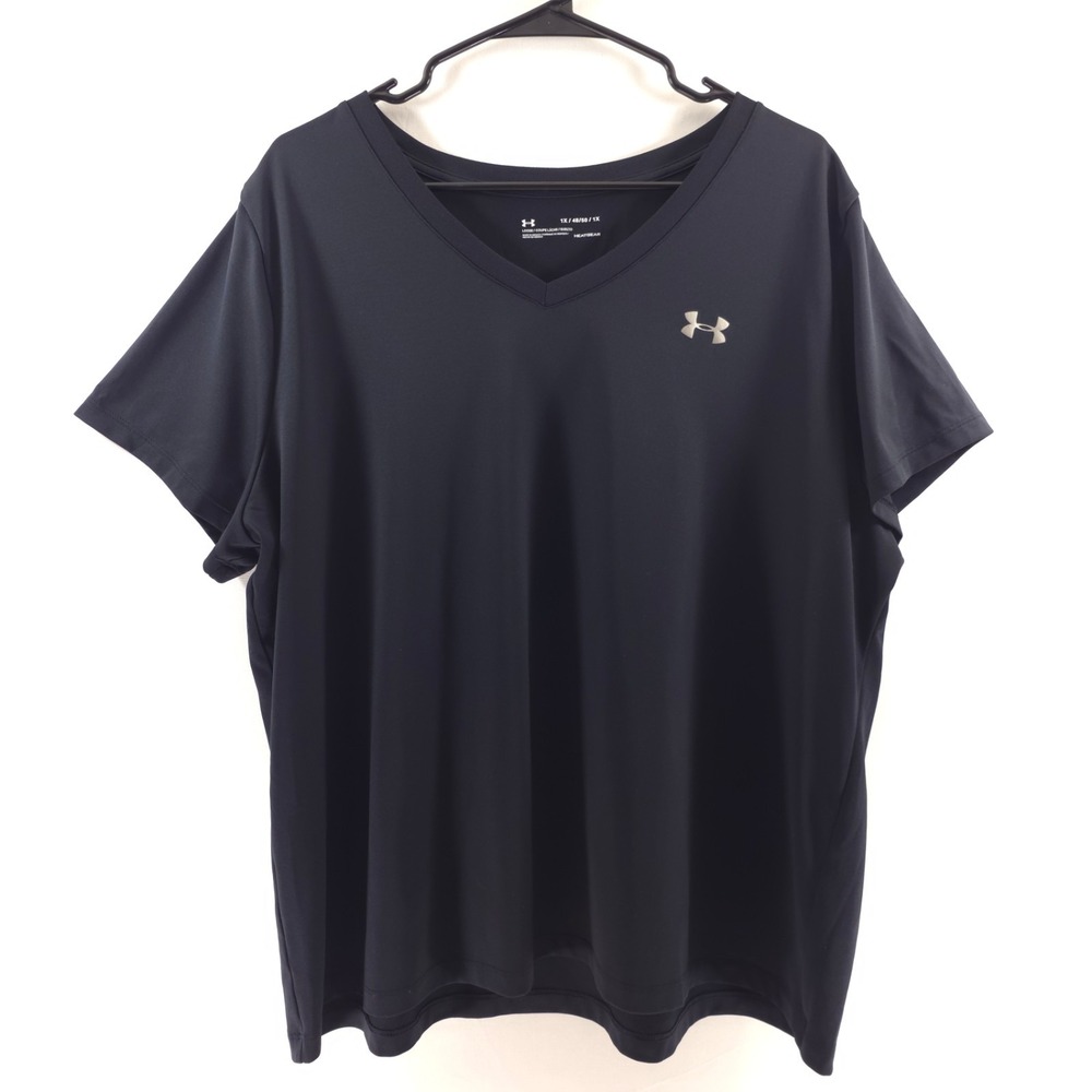 Under Armour Womens T-Shirt HeatGear V-Neck 1X Black Short Sleeve Loose Fit